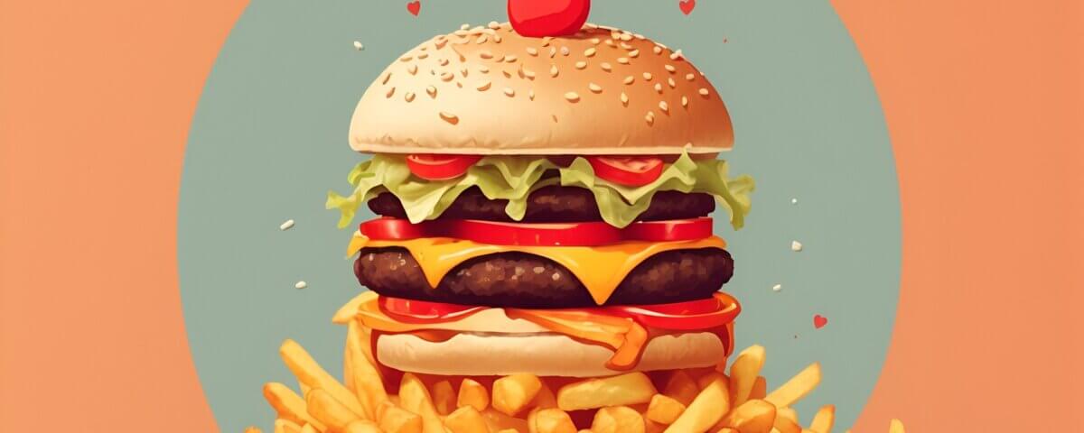 An illustration of a burger on a bed of fries