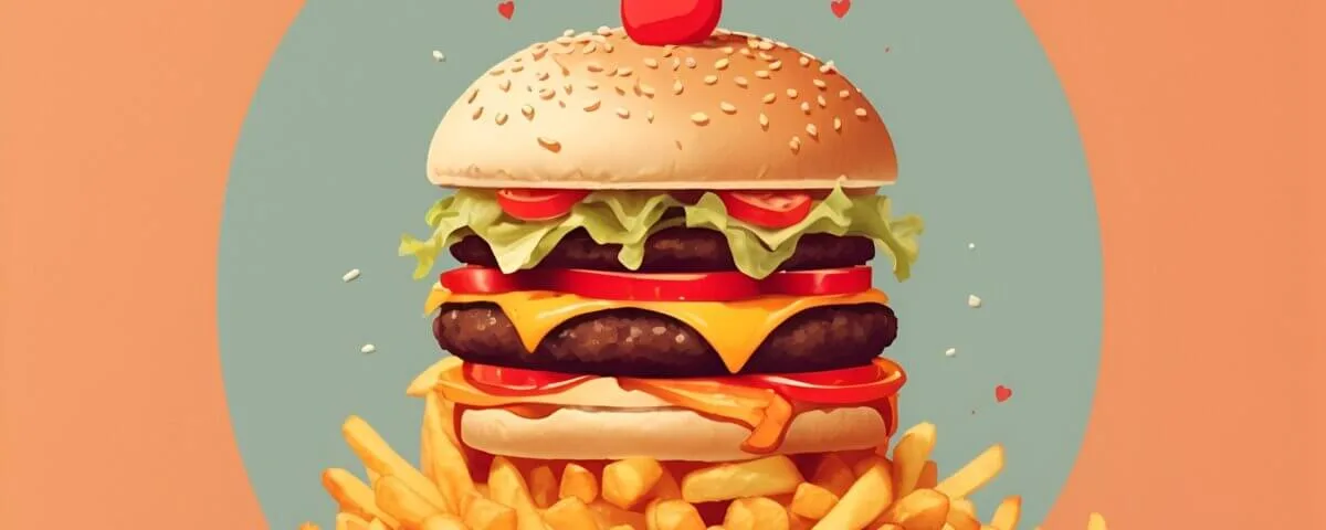 An illustration of a burger on a bed of fries
