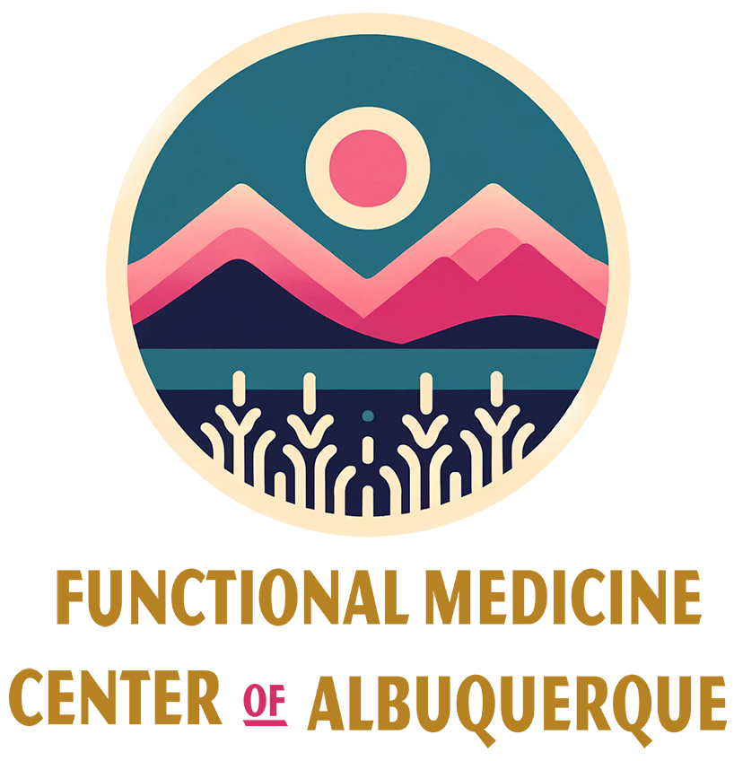 The Functional Medicine Center of Albuquerque logotype featuring a teal and pink scene with mountains and a meadow in the foreground